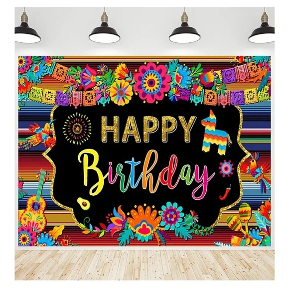 Giant Fiesta Happy Birthday Backdrop Colorful Mexican Themed - Picture 1 of 9
